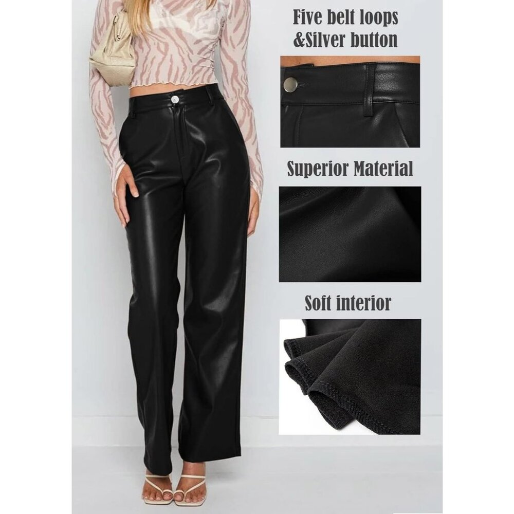 Women's Black Faux PU High Waist Straight Leg Leather Leggings Bell Bottom Pants - Picture 5 of 7
